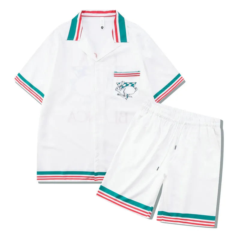 Plaid pattern beach shirt outfit set with matching trousers for men and women