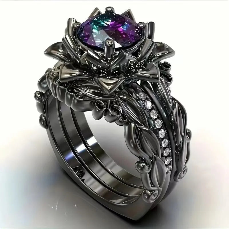 Geometric flower design ring with zircon ornaments in electroplated alloy, showing colour options.