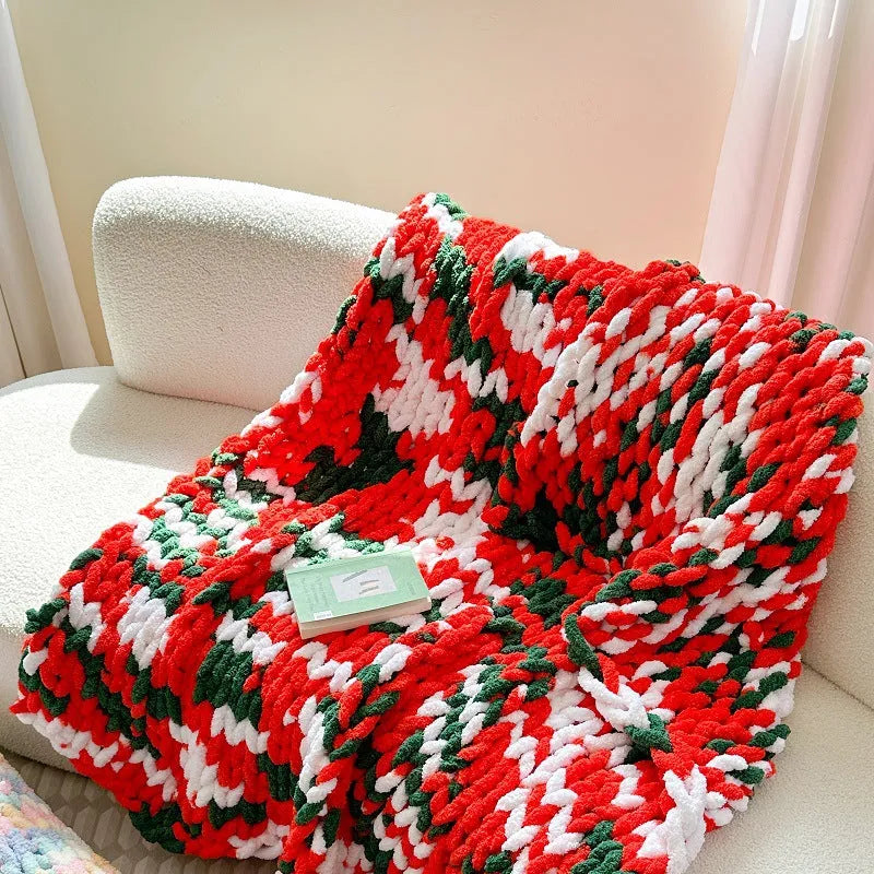 Handmade striped chenille cover blanket in caramel mango colour showing texture and size.