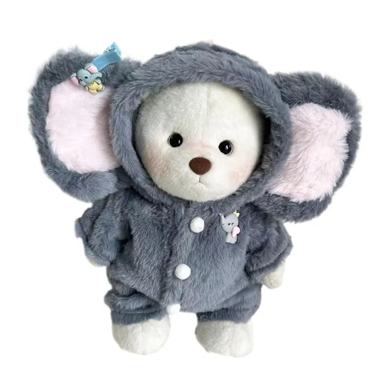 Grey elephant patterned plush jumpsuit for a 30cm tall doll