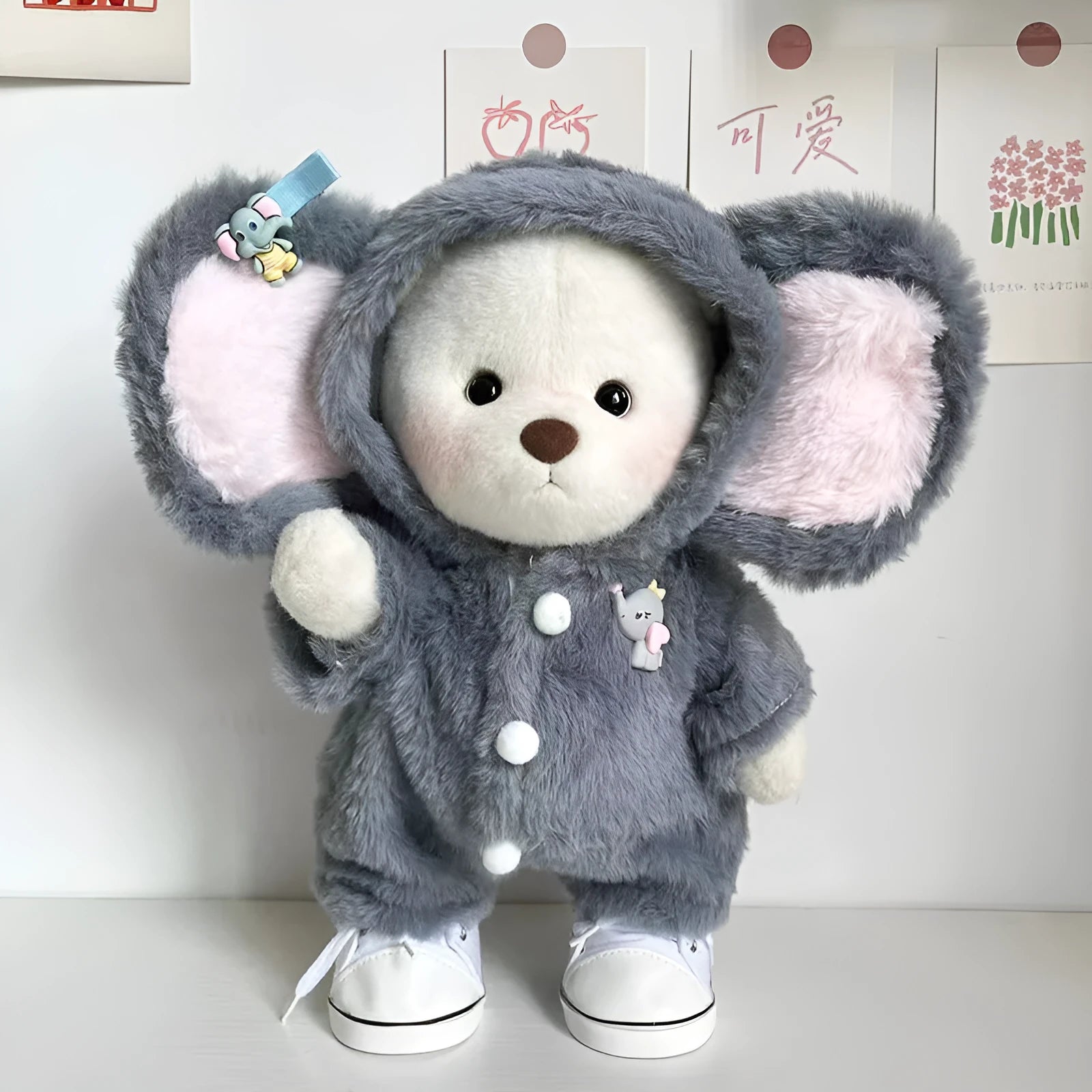 Grey elephant themed plush jumpsuit for a 30cm Lina Bear doll.