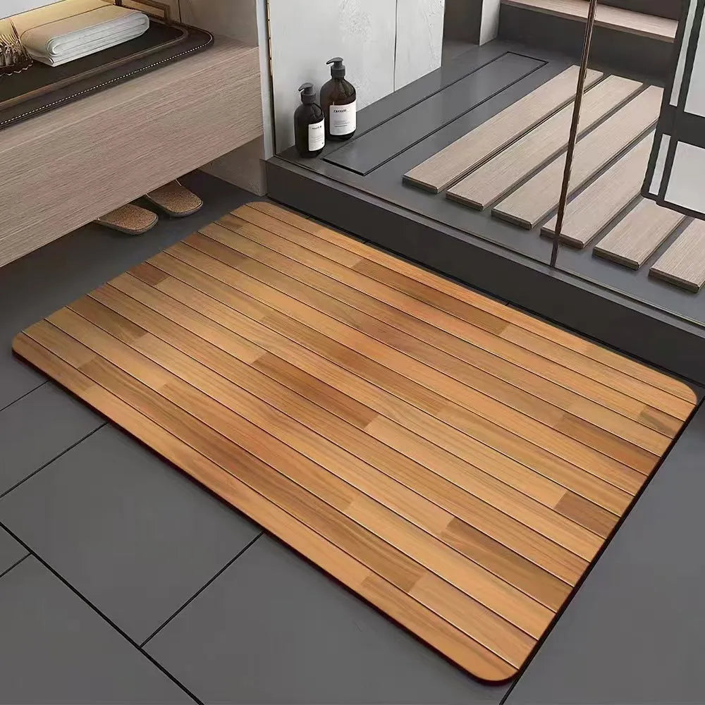 Square American wood grain design diatomite bathroom floor mat on tiles.