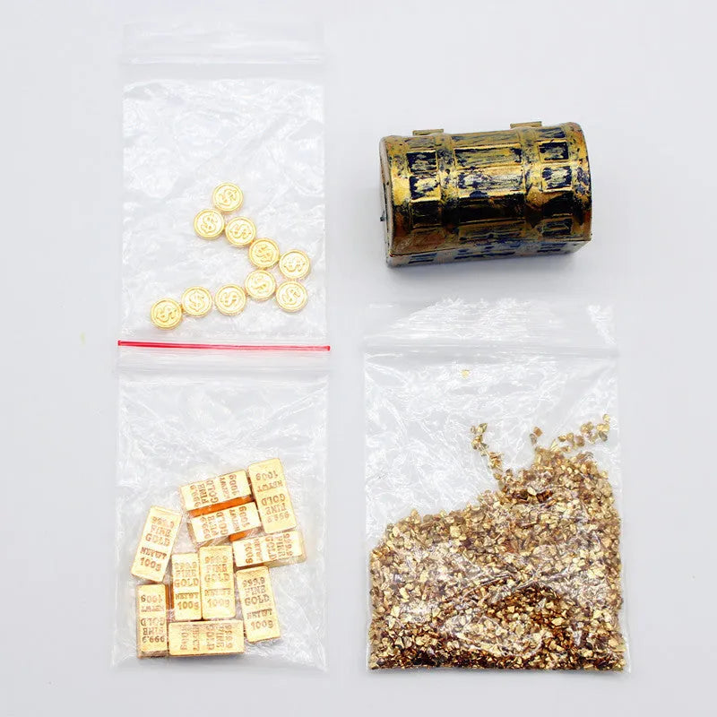 Alloy gold coin and gold bar miniature treasure ornaments for dollhouse displays.
