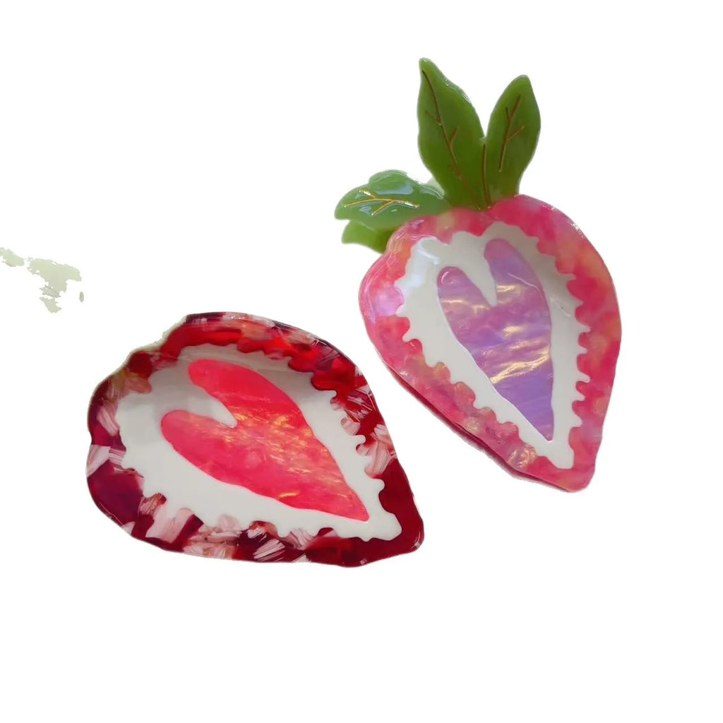 Red strawberry-shaped metal hairpin with pastoral style design