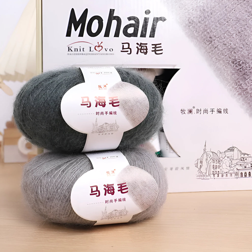 A ball of hand-woven mohair wool yarn for a DIY scarf knitting kit in one of 34 available colours.