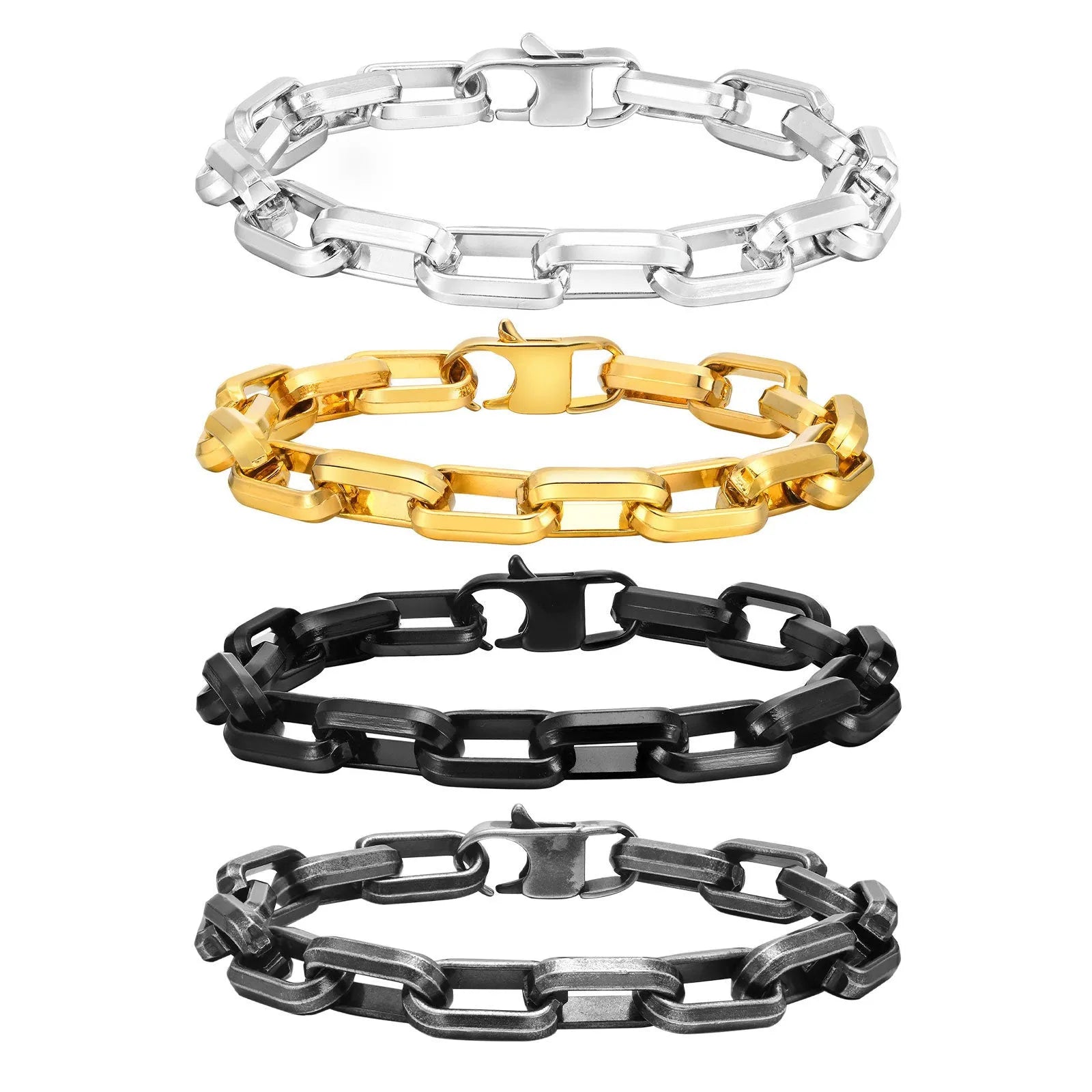 Men's stainless steel square chain bracelet in steel, gold, black, and retro colour options.