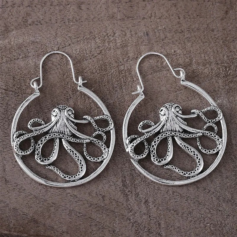 Vintage silver octopus earrings with zinc alloy construction and electroplated antique finish