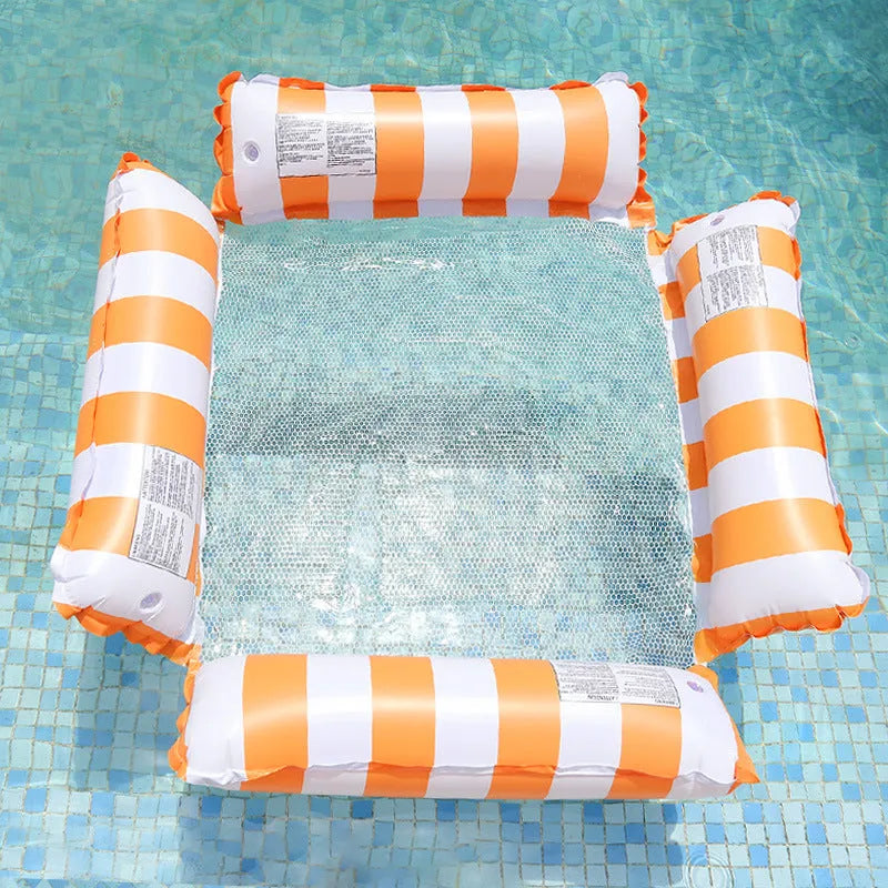 Inflatable four-tube floating deck chair with striped design and mesh seat on water.