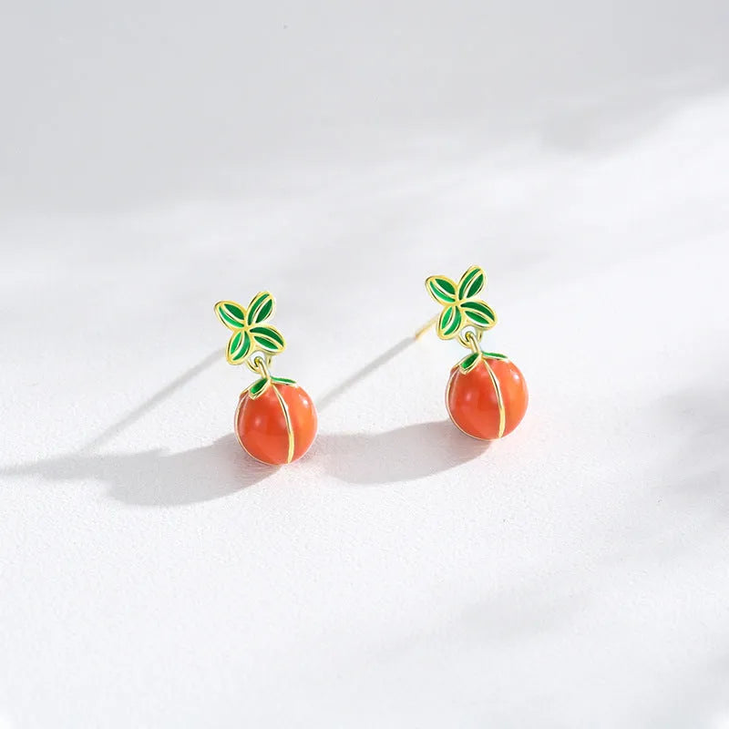 S925 sterling silver stud earrings with lucky persimmon dripping design in New Chinese style