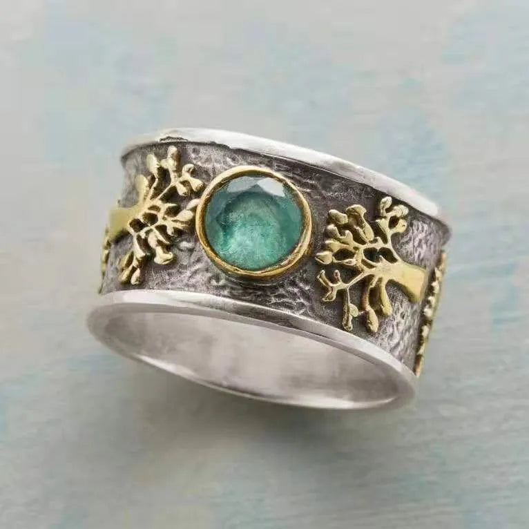 Light green vintage ring with lucky tree design and constellation details in alloy with gemstone inlay