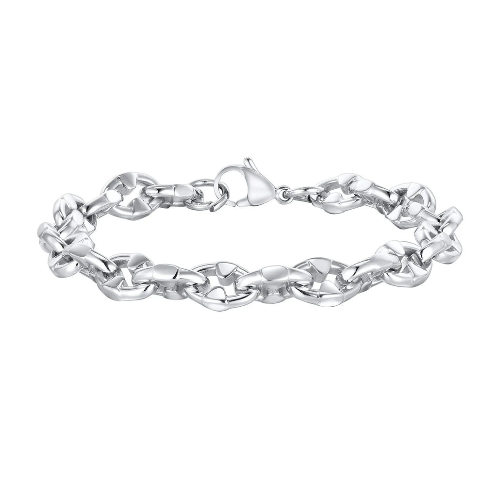 Close-up of a men's thick stainless steel geometric chain link bracelet on a wrist.