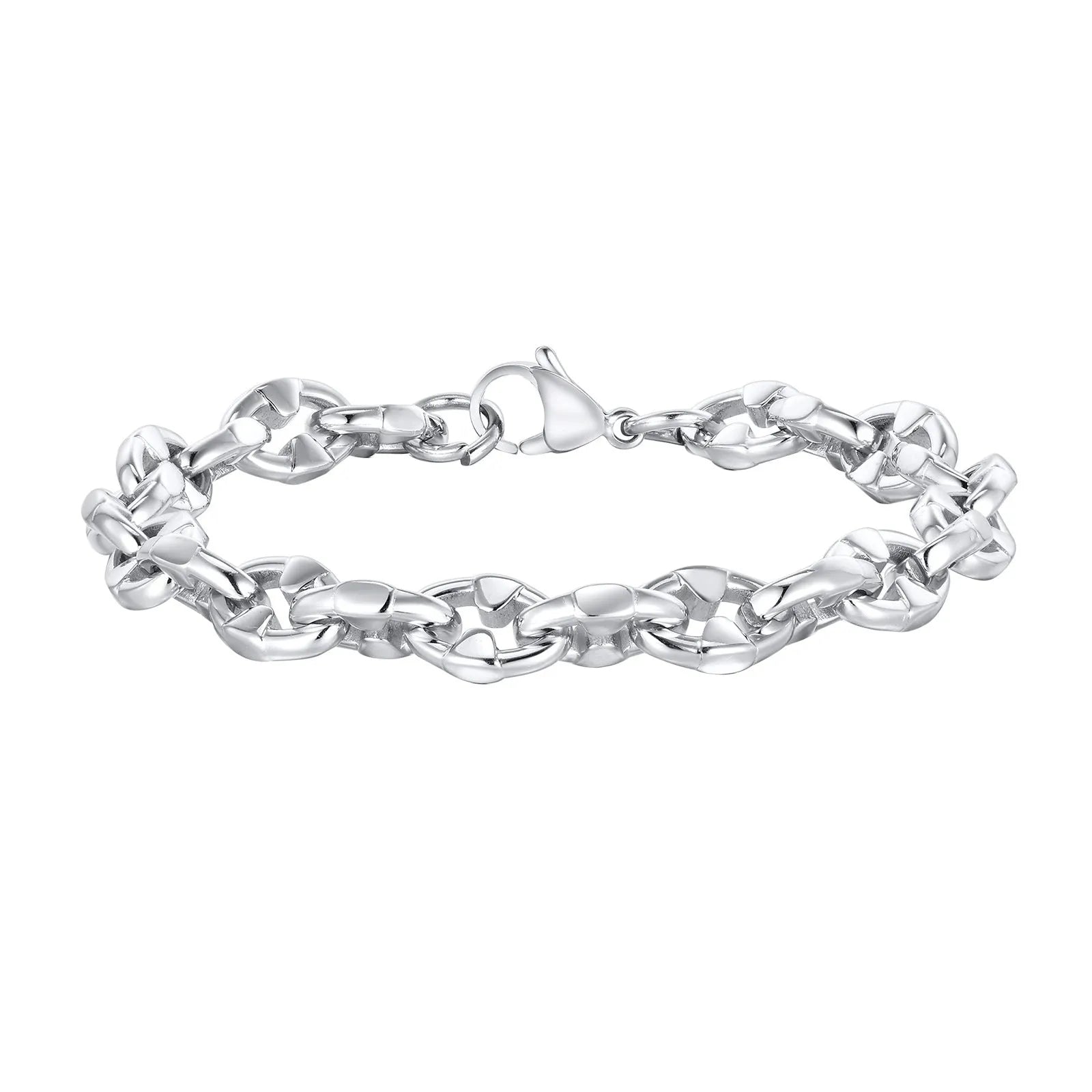 Close-up of a men's thick stainless steel geometric chain link bracelet on a wrist.