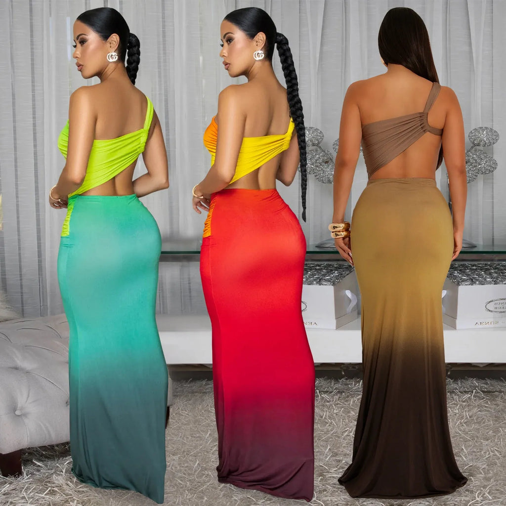 Women's brown gradient summer dress with cross-shoulder design and high waist.