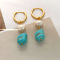 Copper geometric ear clips with irregular turquoise stones and cultured pearls, showing both short and long dangle styles