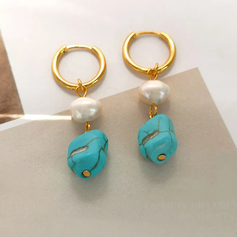 Copper geometric ear clips with irregular turquoise stones and cultured pearls, showing both short and long dangle styles