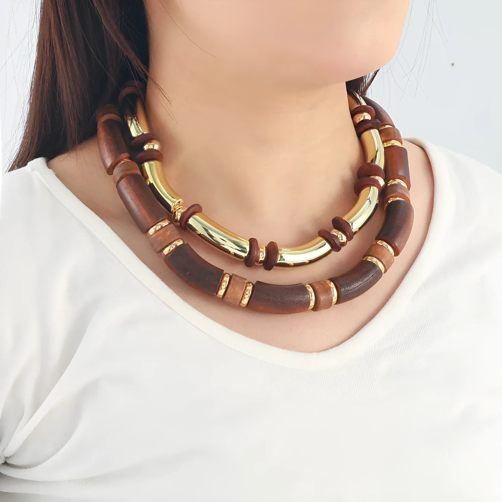 Multi-layer wooden necklace and bracelet set with alloy chain and round elements