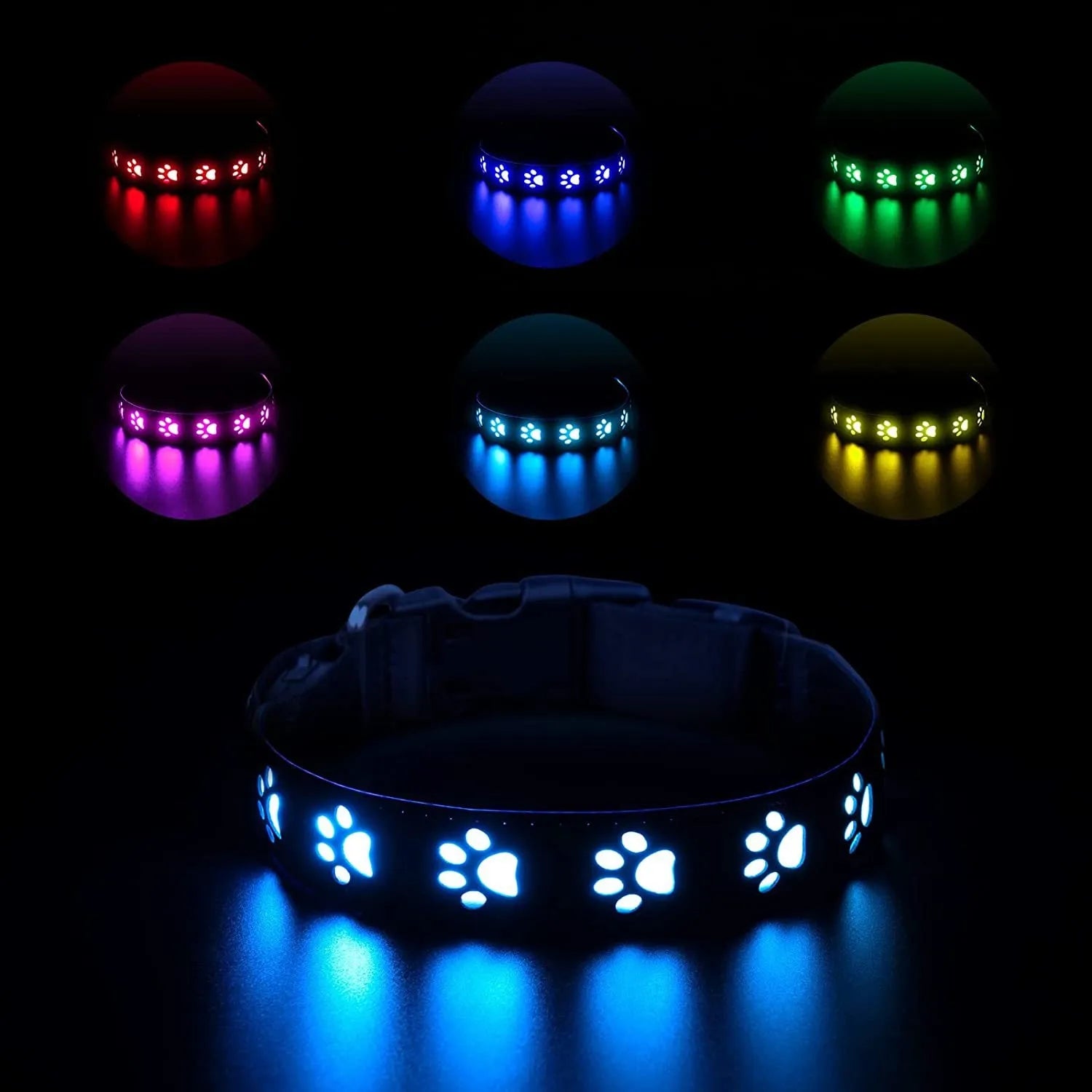 LED luminous dog collar showing seven different coloured lights on a black adjustable polyester strap.