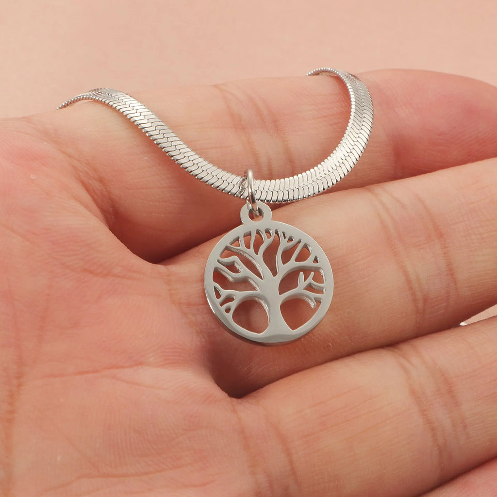 Adjustable tree pendant necklace with snake bones chain in gold or steel finish
