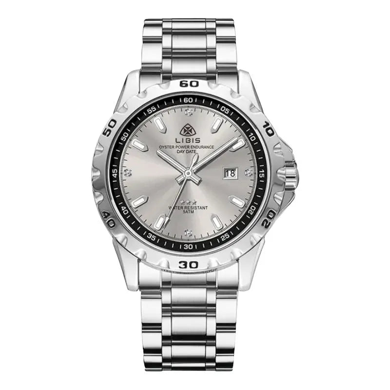 Men's silver stainless steel quartz watch with luminous hands on a black or grey dial