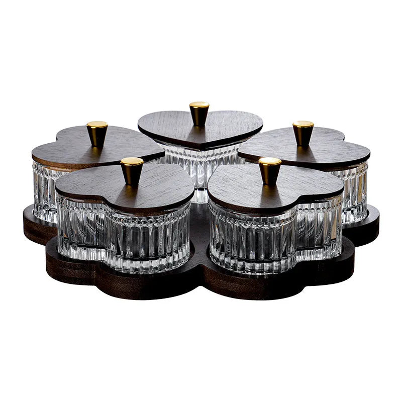 Transparent glass snack platter with heart-shaped lid showing 4-grid tray option in retro style.