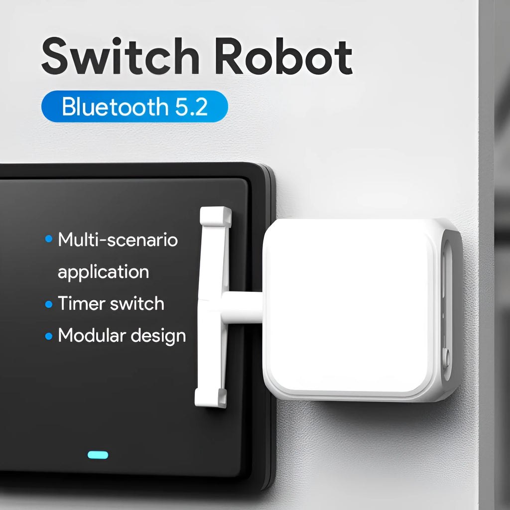 White Bluetooth rocker arm finger robot for smart home switch control with thumb remote.