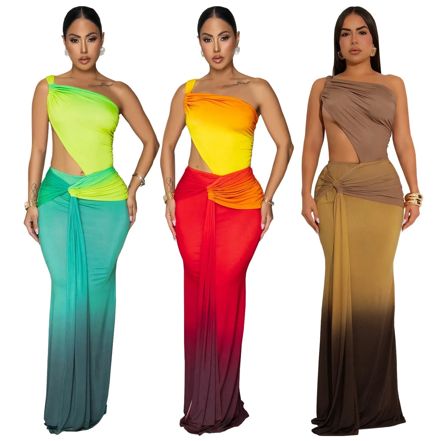 Women's brown gradient summer dress with cross-shoulder design and high waist.