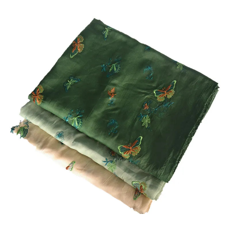 Ramie embroidery fabric for Hanfu sewing projects showing beige, grass green and dark green colour options