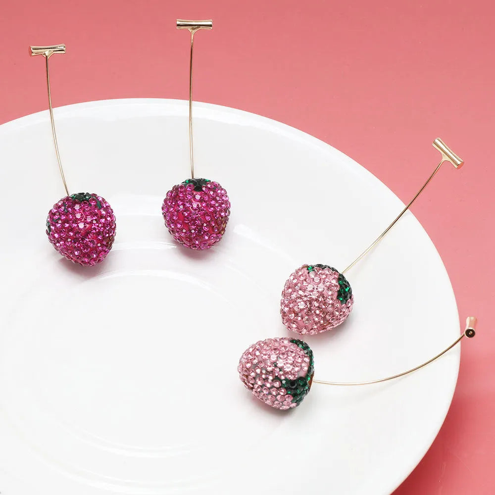 Red geometric strawberry-shaped stud earrings for women on a zinc alloy base.