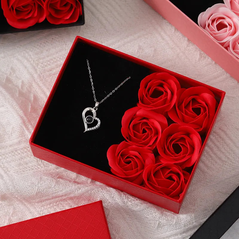 Korean style soap flower gift bouquet in presentation box with handbag in red, pink, or black.