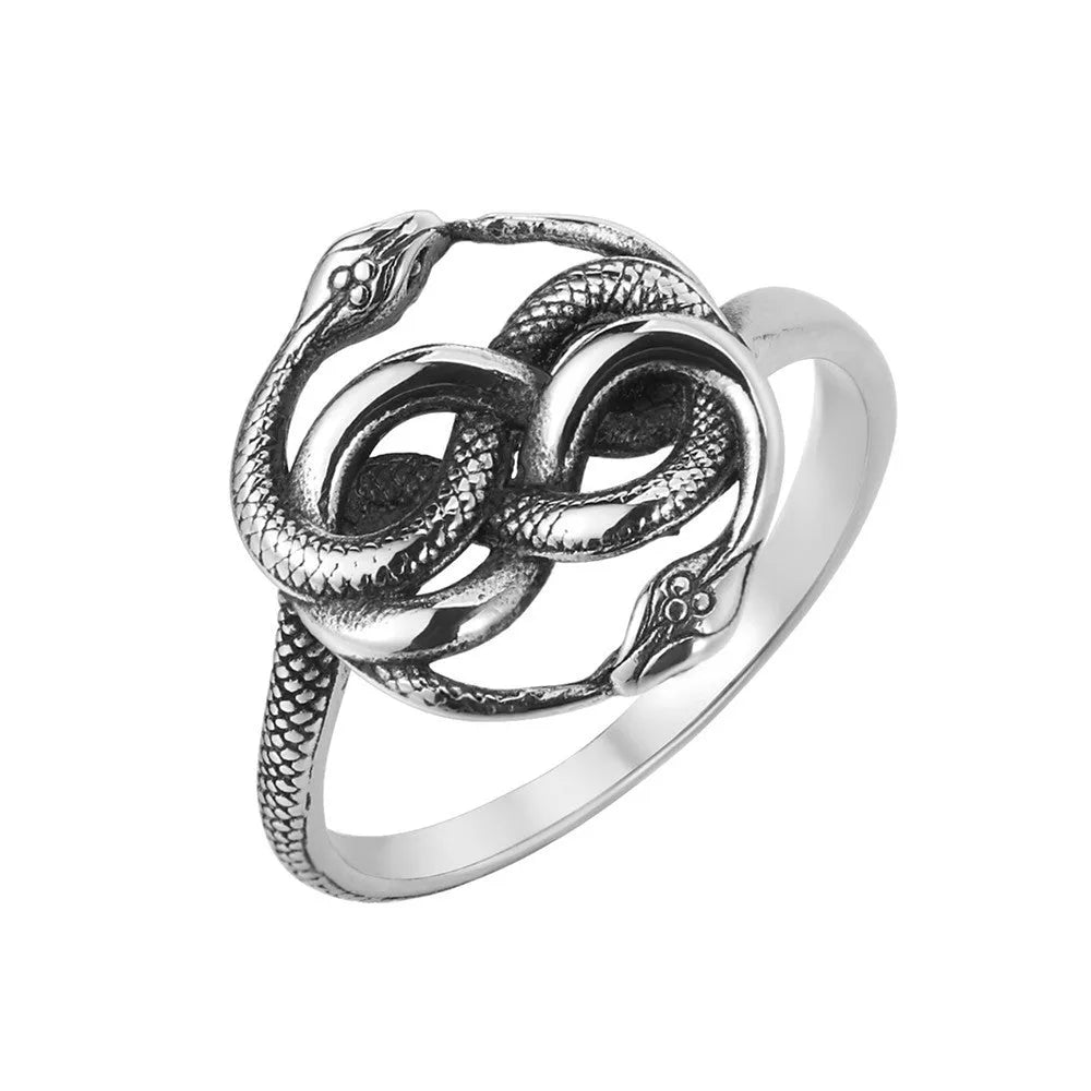 Titanium steel double snake ring in steel colour with retro design on size chart showing EU 6-13