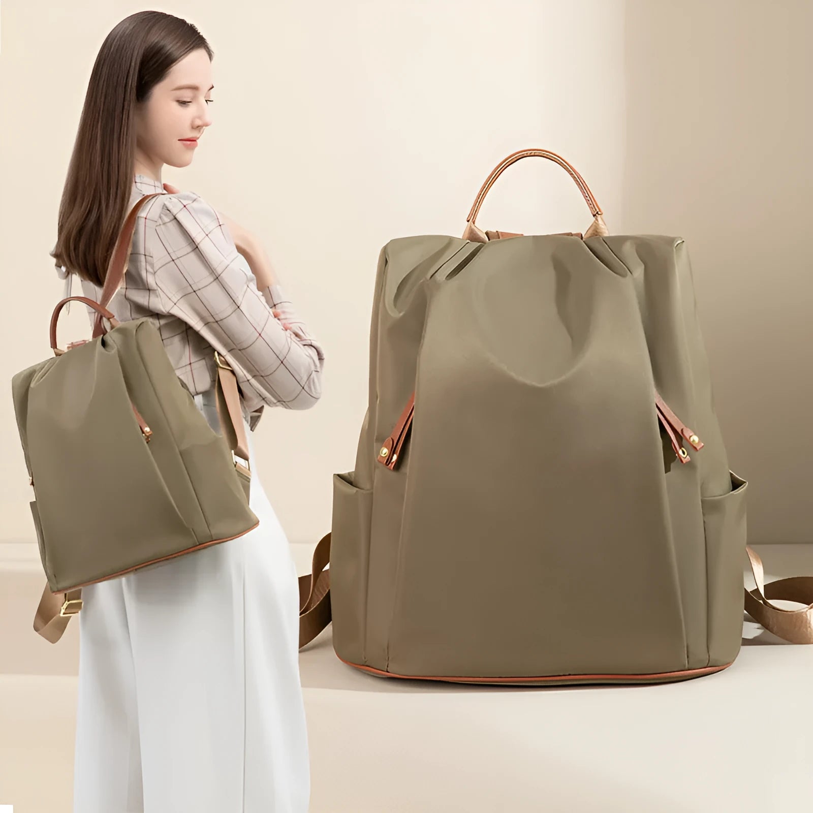 Fashion commuter contrast colour travel backpack in khaki, large capacity nylon with multiple internal pockets