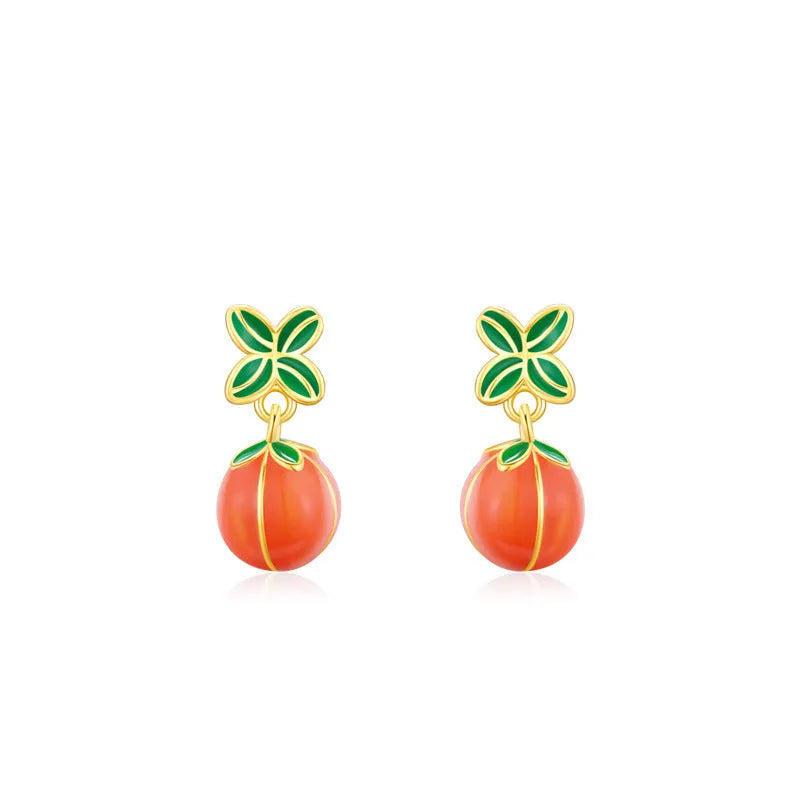 S925 sterling silver stud earrings with lucky persimmon dripping design in New Chinese style