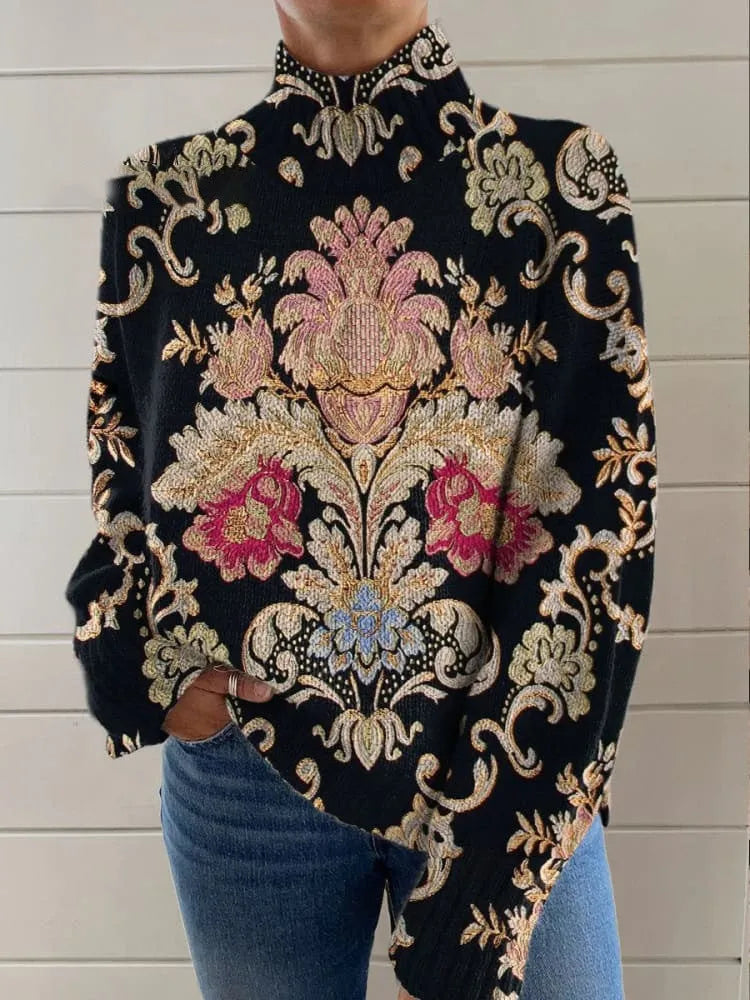 Black 3D pattern printed turtleneck long sleeve loose fit sweater on a hanger.