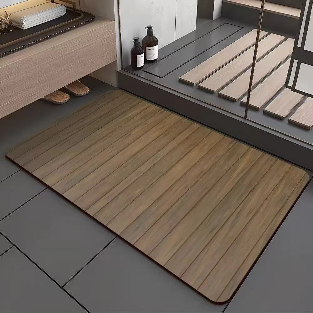 Square American wood grain design diatomite bathroom floor mat on tiles.
