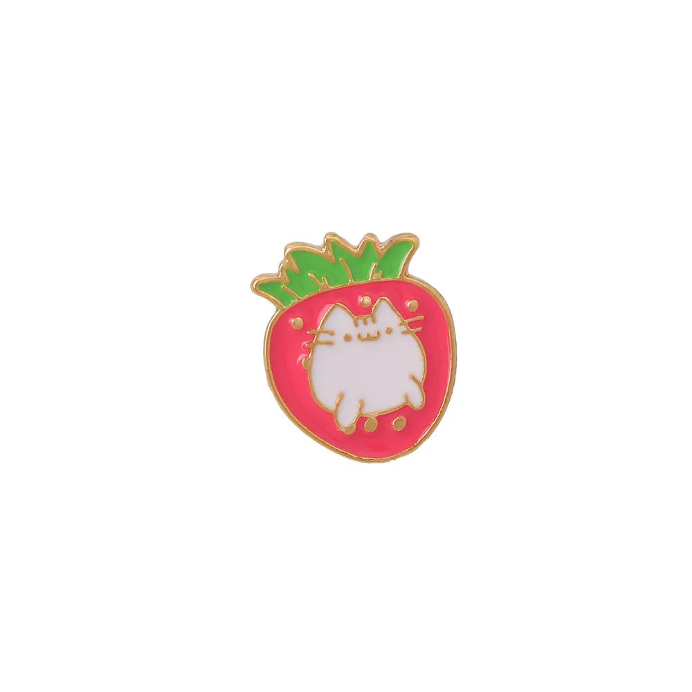 Alloy metal brooch with cat strawberry cake and dripping oil design in five colour options