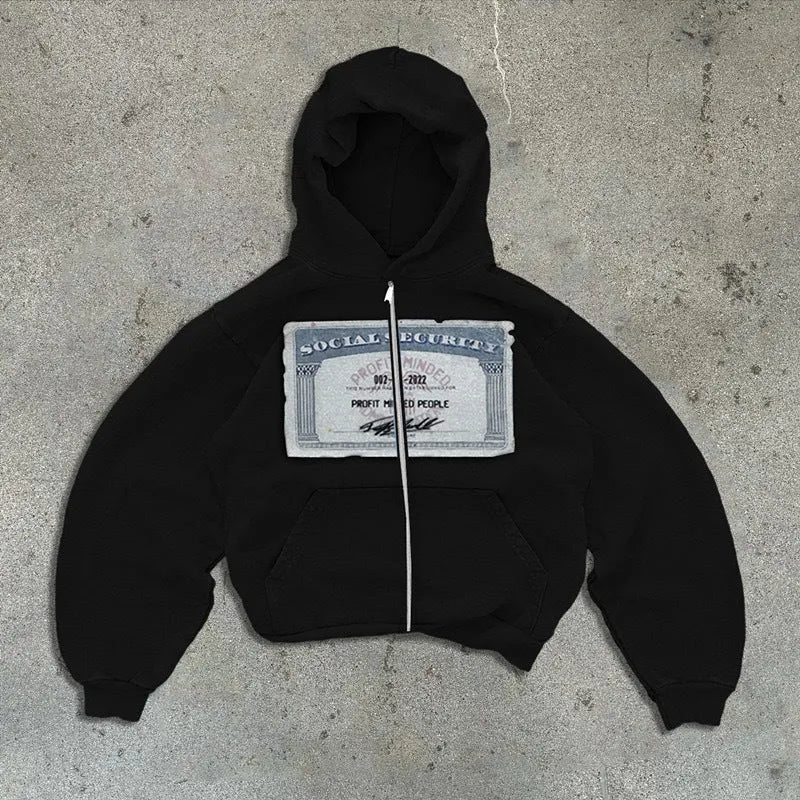 Unisex black hooded jacket with letter pattern and zip pockets in loose fit