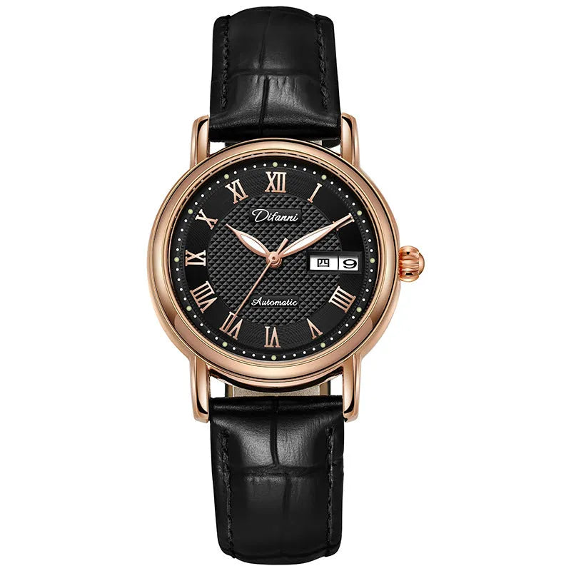 Women's automatic mechanical watch with 12mm steel case showing leather strap and white dial option