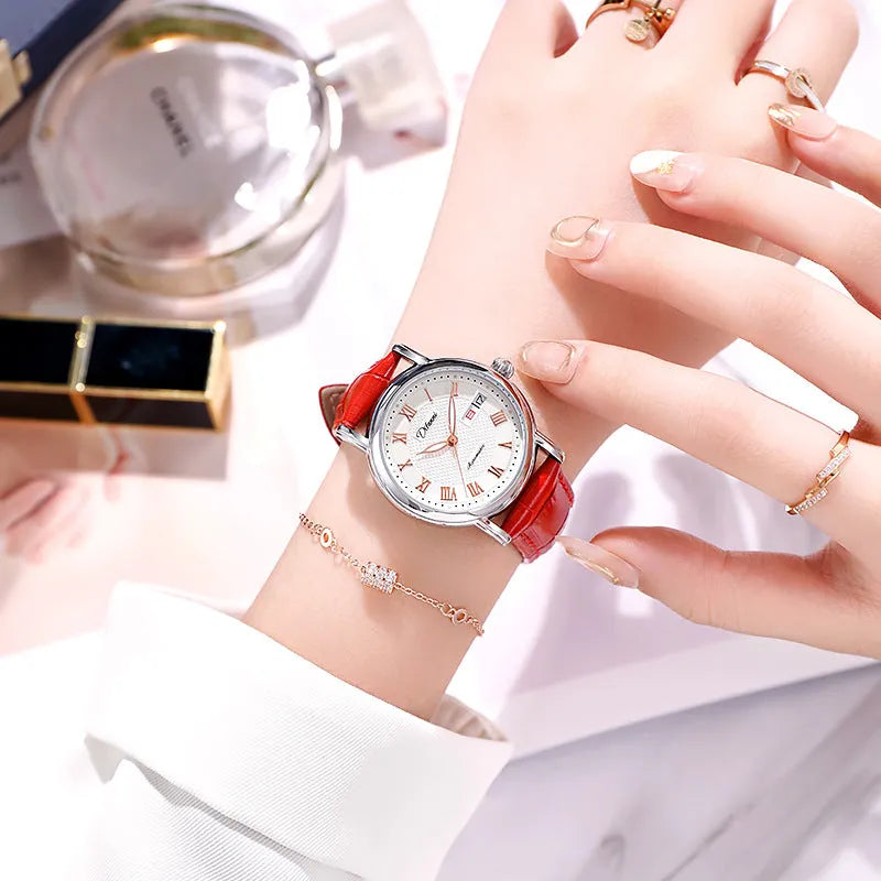 Women's automatic mechanical watch with 12mm steel case showing leather strap and white dial option