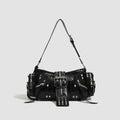 Black retro dumpling-shaped handbag with oil wax leather and multiple internal compartments