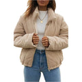 Apricot women's corduroy wadded jacket with a stand collar and front zip.