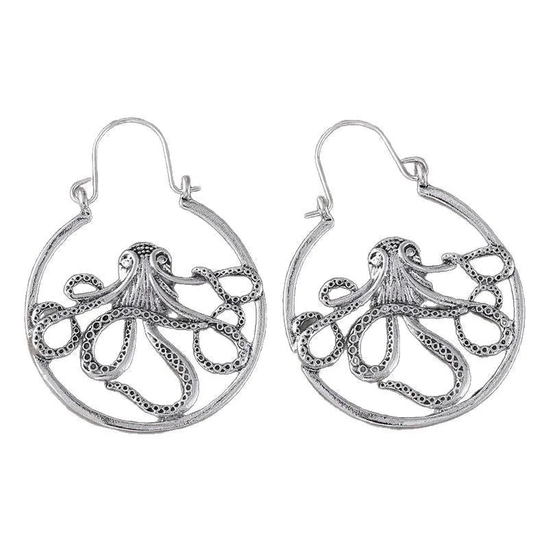 Vintage silver octopus earrings with zinc alloy construction and electroplated antique finish