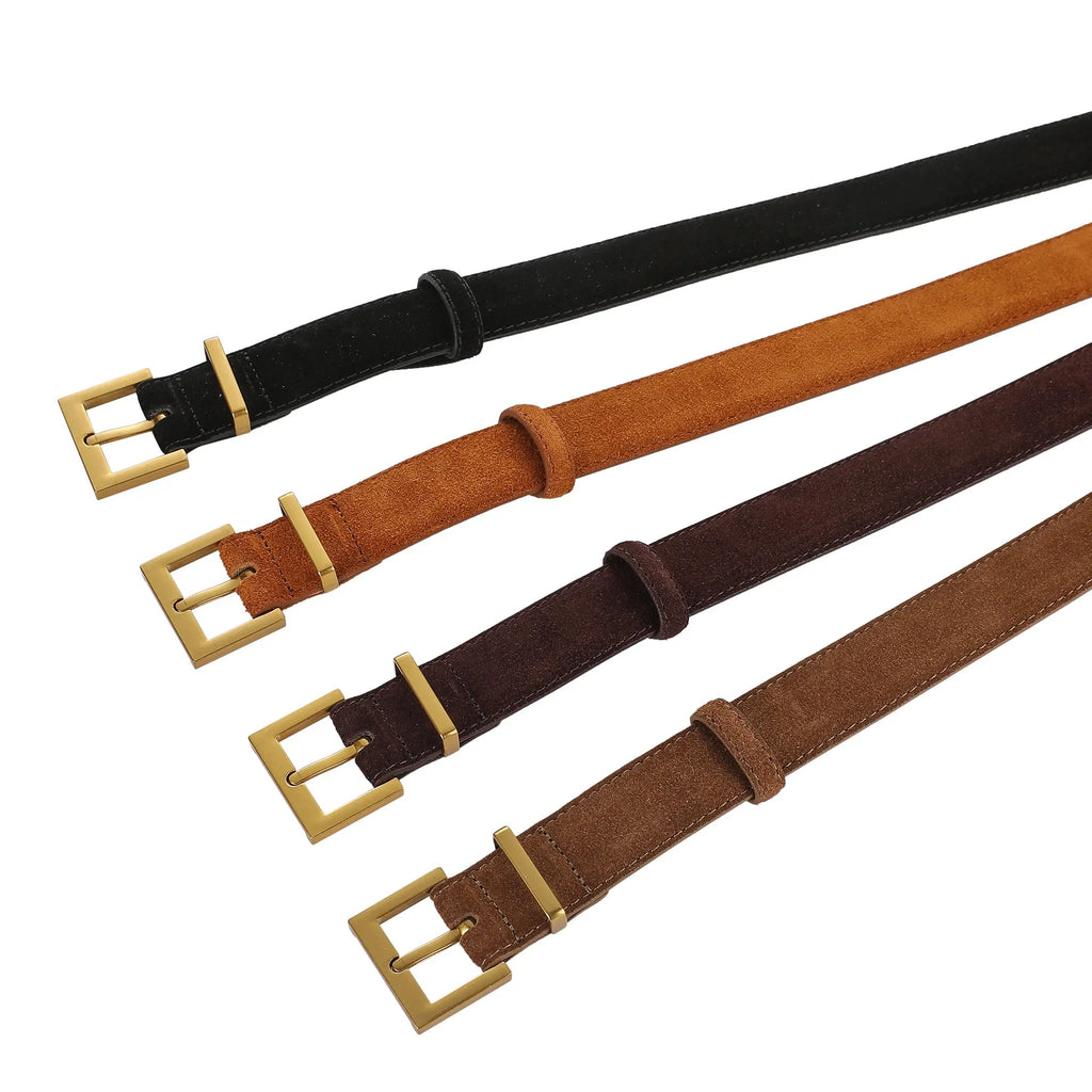 Ladies' brown leather pin buckle belt with a quadrilateral alloy buckle on a 100cm long strap.