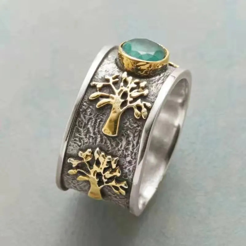 Light green vintage ring with lucky tree design and constellation details in alloy with gemstone inlay