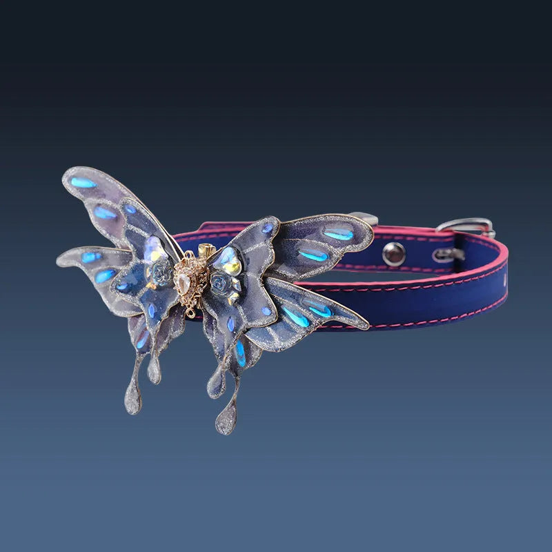 Purple temperature change butterfly rhinestone collar necklace with colour-changing alloy pendant