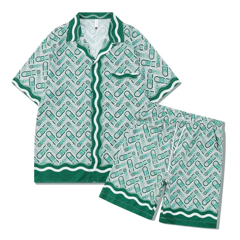 Plaid pattern beach shirt outfit set with matching trousers for men and women