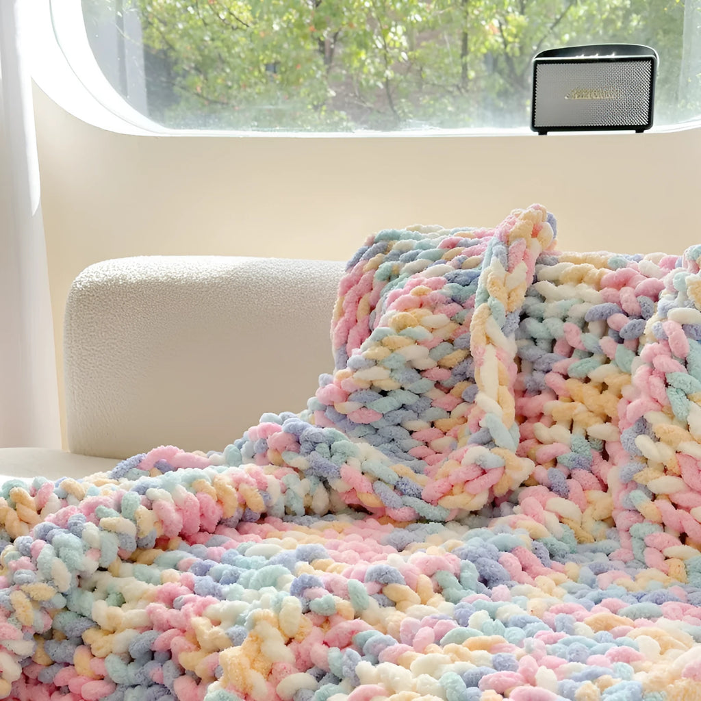 Handmade striped chenille cover blanket in caramel mango colour showing texture and size.