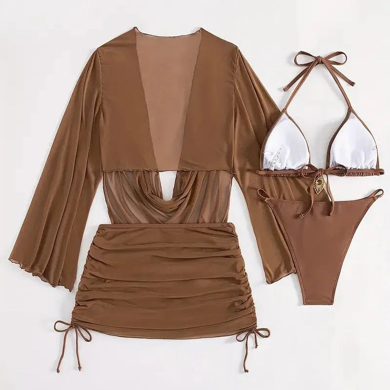 Women's dark brown lace-up bikini swimsuit, backless and sleeveless two-piece.