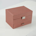 Hard-sided PU leather jewellery box in beige colour, dimensions 22.5x15.5x14cm.