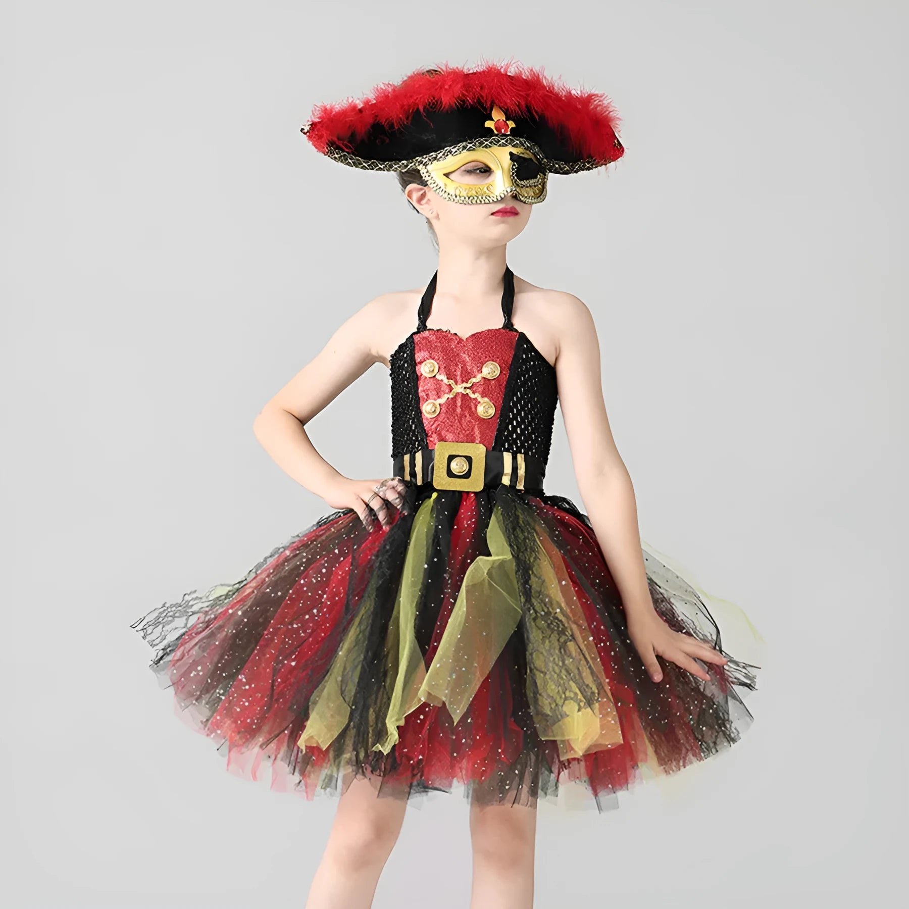 Girls sleeveless pirate costume dress with sequins and black gauze mesh overlay.