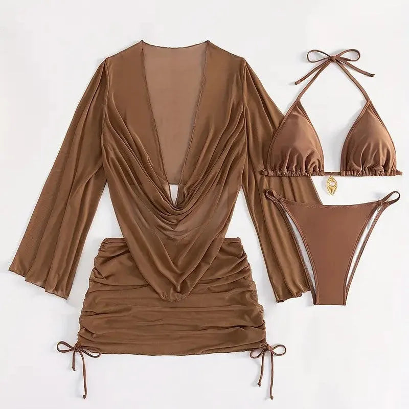 Women's dark brown lace-up bikini swimsuit, backless and sleeveless two-piece.